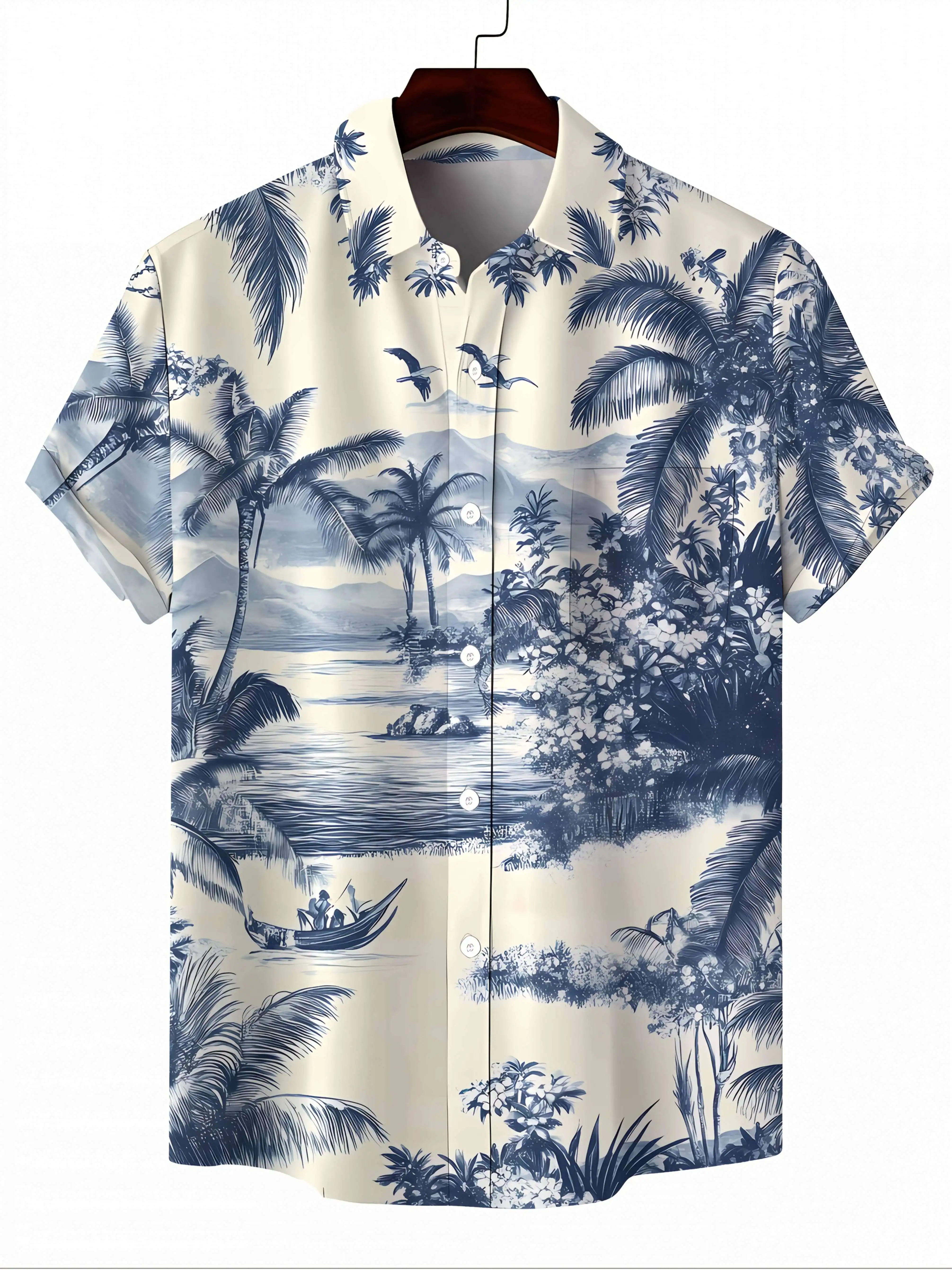 Men's Hawaiian Shirt Vintage Blue White Tropical Island Landscape Print Short Sleeve Button Down Aloha