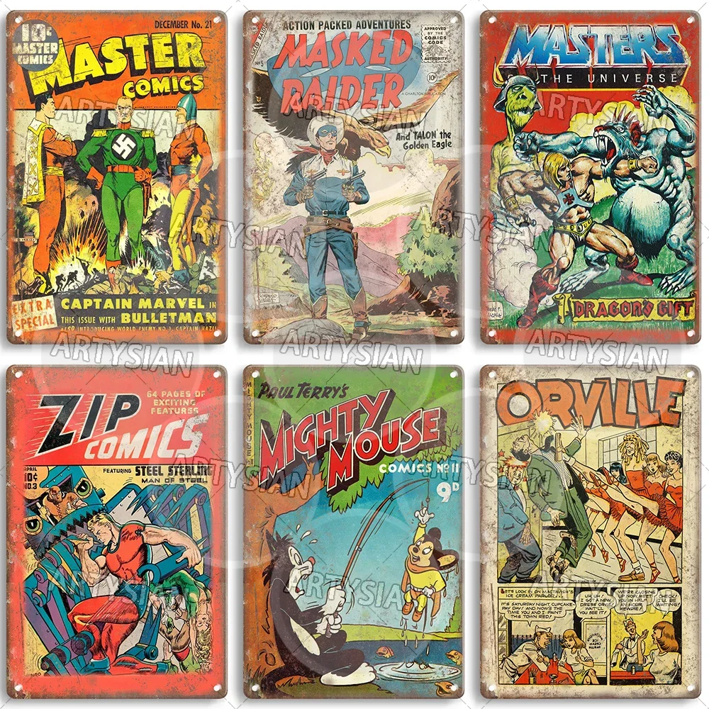 Comic Cover Metal Sign Orville Mighty Mouse Masked Raider Masters of the Universe Young Romance Make-Believe Romance Plaque