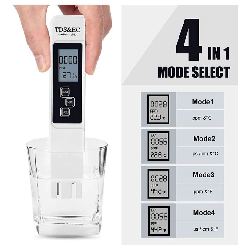 Digital Water Quality Tester TDS EC Meter Range 0-9990 Multifunctional Water Purity Temperature Meter TEMP PPM Tester