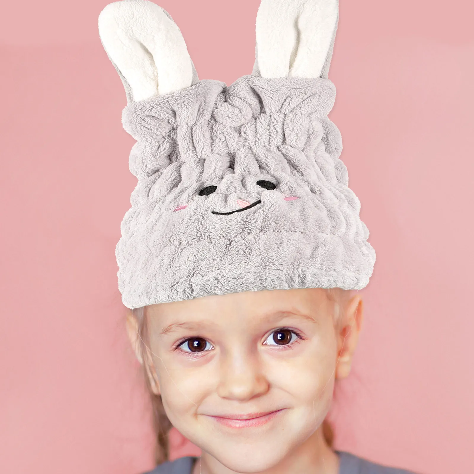 

2Pcs Kids Hair Towel Wrap Cap Rabbit Ear Design Absorbent Coral Fleece Quick Drying Hair Drying Hat for Girls Soft Comfortable