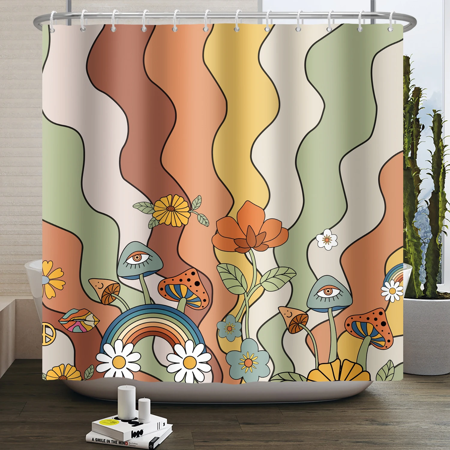 Vintage Rainbow Mushroom Shower Curtain Funny 70s 80s Retro Trippy Abstract Boho Floral Hippy Waterproof Bathroom Curtain Decor