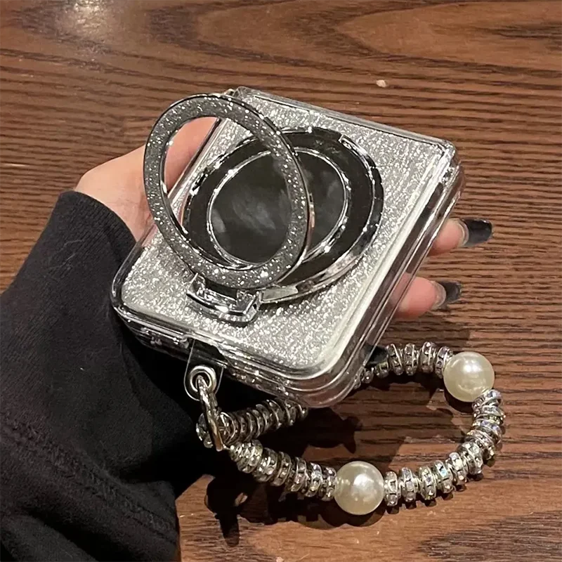 Glitter Mirror Ring Stand Flip Phone Case For Xiaomi Mix Flip 2/Honor Magic V Flip2 Clear PC Cover With Silver Sparkle Cardboard