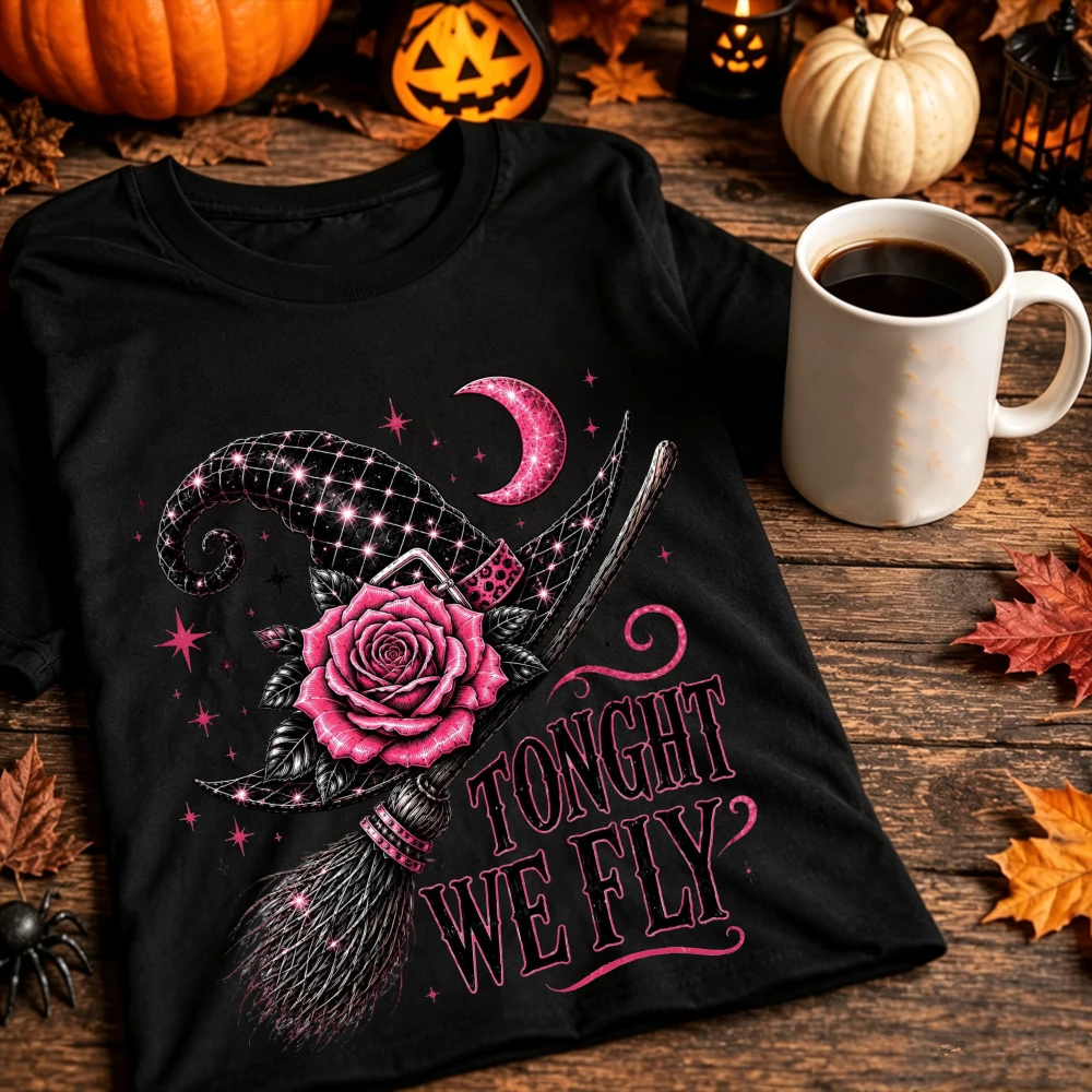 Tonight We Fly Witch Hat Graphic T-Shirt Women Pink Rose Broom Halloween Spooky Season Short Sleeve Vintage Gothic Loose Tees