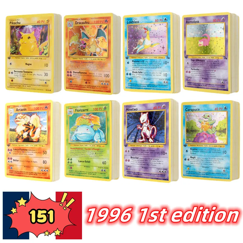 Cartes Pokémon version française 1996, première génération, Charizard, Pikachu, Mewtwo, Blastoise, cartes de collection, jouets, 151 pièces en boîte