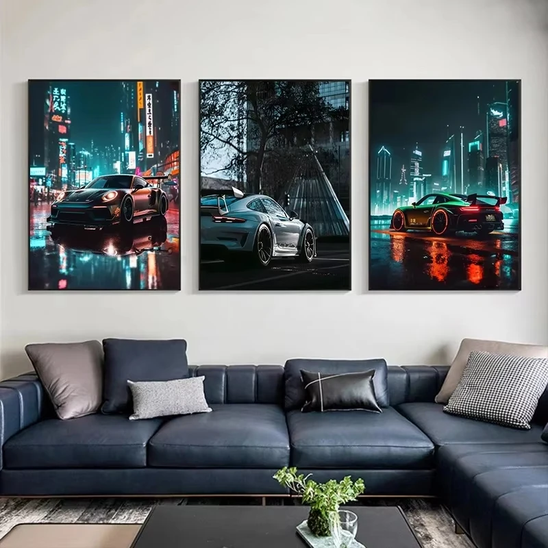 1 Stück rahmenloses Trendiges Retro Porsche 911 GT3 RS Stadt-Poster und Drucke Leinwandgemälde Wandkunst Bilder für Wohnzimmer