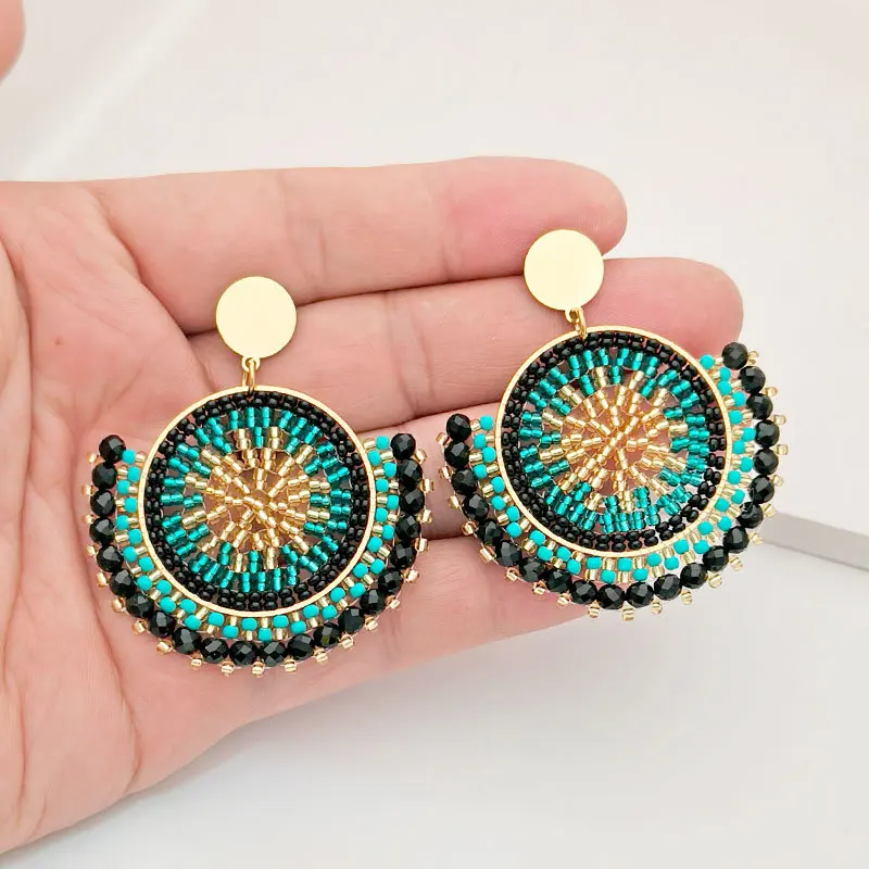 Beaded earrings Crystal Roundness Originality Hand knitting Alloy Tide Female Bohemia Sector Gradient color Rice bead earrings