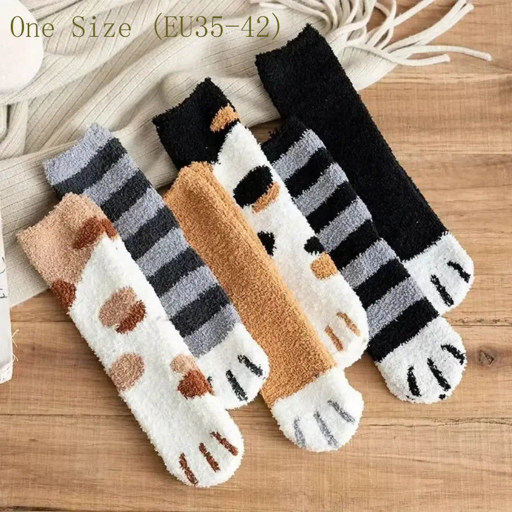 Plush Winter Cute Style Cat Paw Cartoon Pattern Women Cotton Socks Super Soft For Female Stay in the house Sleeping Floor Sox