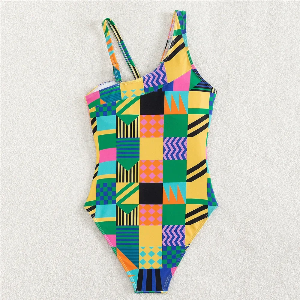 Color Geometry Plaid Print Swimwear One Piece Swimsuits Woman 2024 Cut Out Monokini Asymmetric Straps Swimming Bathing Suit Wear