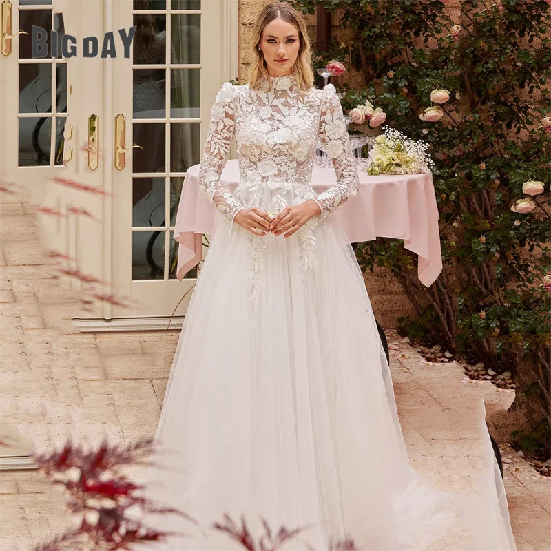 Elegant A-Line Wedding Dresses 2024 Women High Collar Long Sleeve Lace Applique Tulle Bridal Gown Sweep Train Vestidos De Noiva