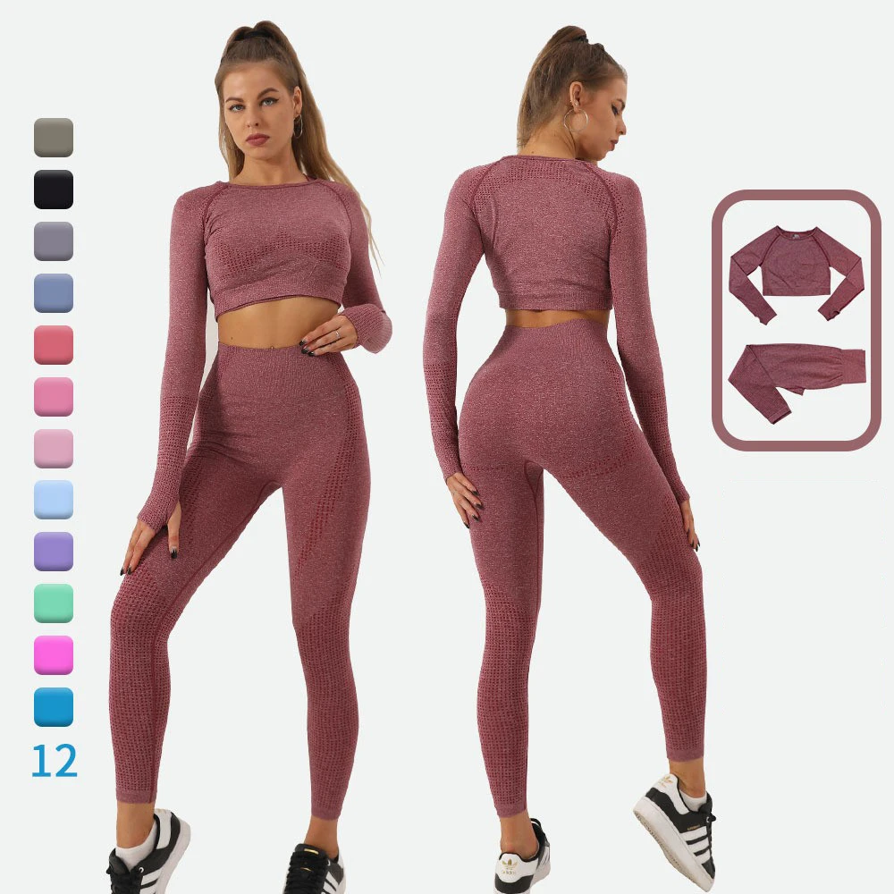 2pcs Women Seamless Yoga Set Sport Suit Gymwear Workout Clothes Long Sleeve Gym Crop Top High Waist Leggings Fitness Sports Wear