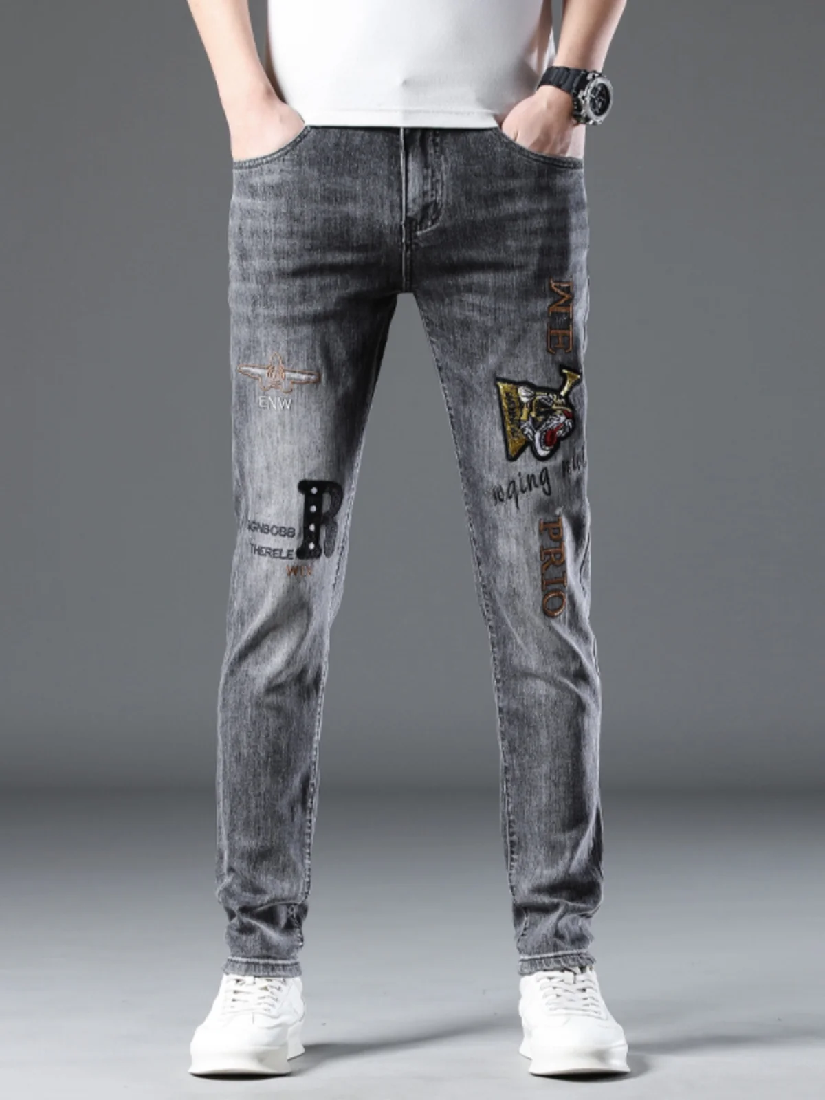 

Stanchestle Youth Embroidered Slim Fit Jeans Cotton Stretch Denim mid Waist Zipper Casual Long Pants Spring Autumn Season