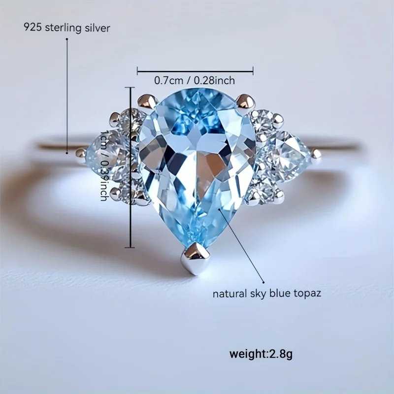 

SGARIT 925 Sterling Silver Gemstone Ring Jewelry Pear 7X10mm Natural Sky Blue Topaz Crystal Ring For Women