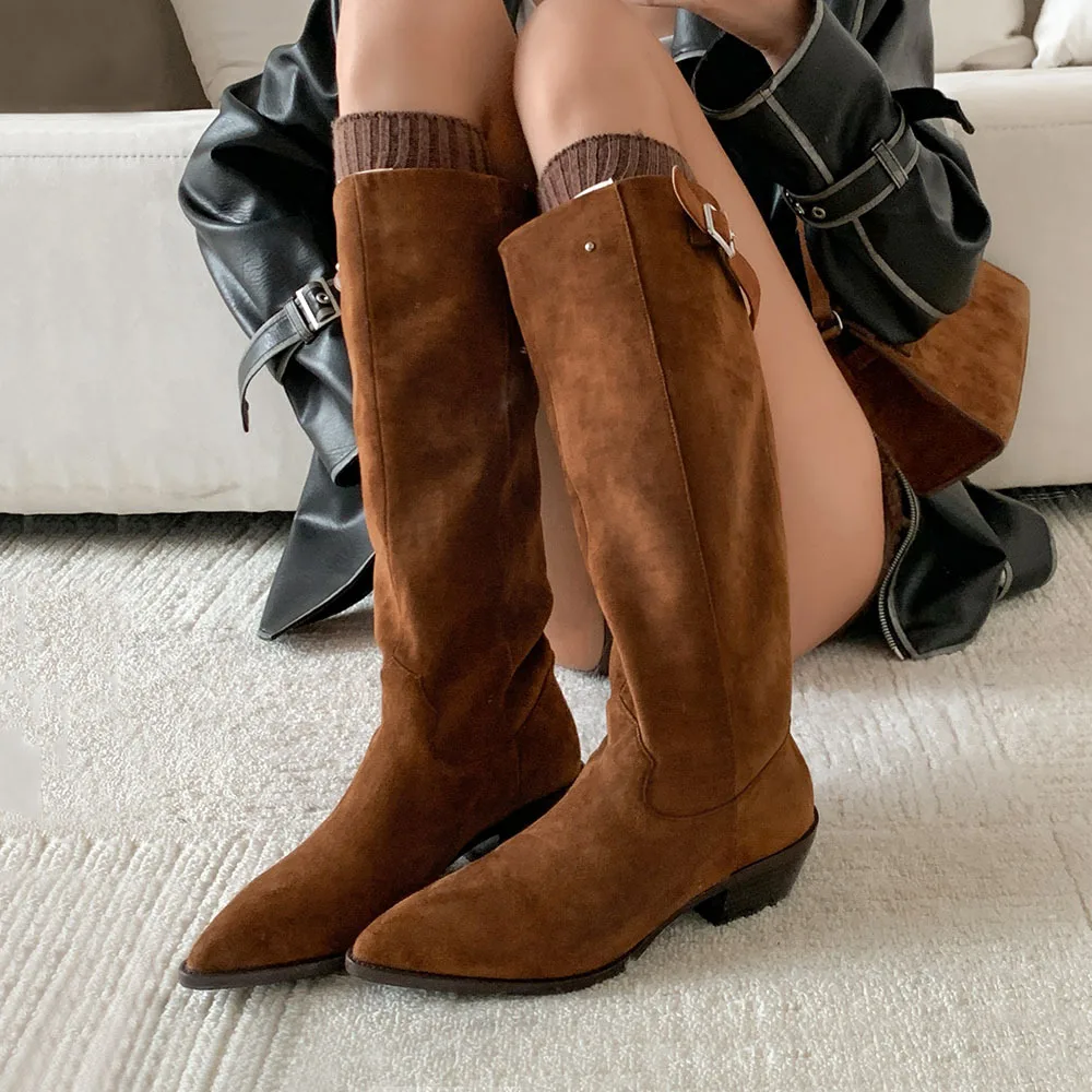 

Arden Furtado 2024 Autumn Suede trouser legs boots Pointed toe Back zipper Belt buckle Middle heel Knee high boots large size