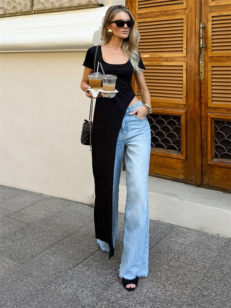 

Tossy Black Sexy Square Collar Mini Dress Women's Short Sleeve Slim Patchwork Solid Commute Bodycon Dress Female Summer Dress