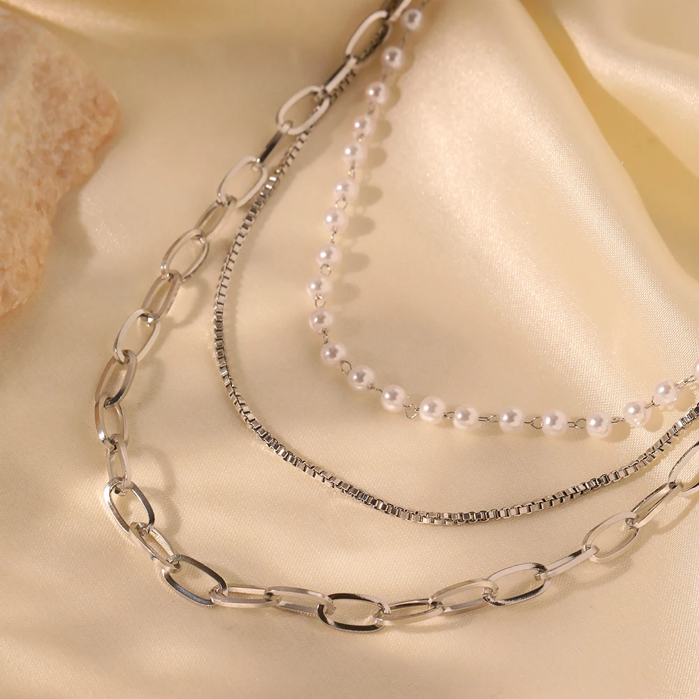 Stainless Steel Necklaces Noble White Imitation Pearl Layer Chain Fashion Trending Necklace For Women Jewelry Vacation Wear New