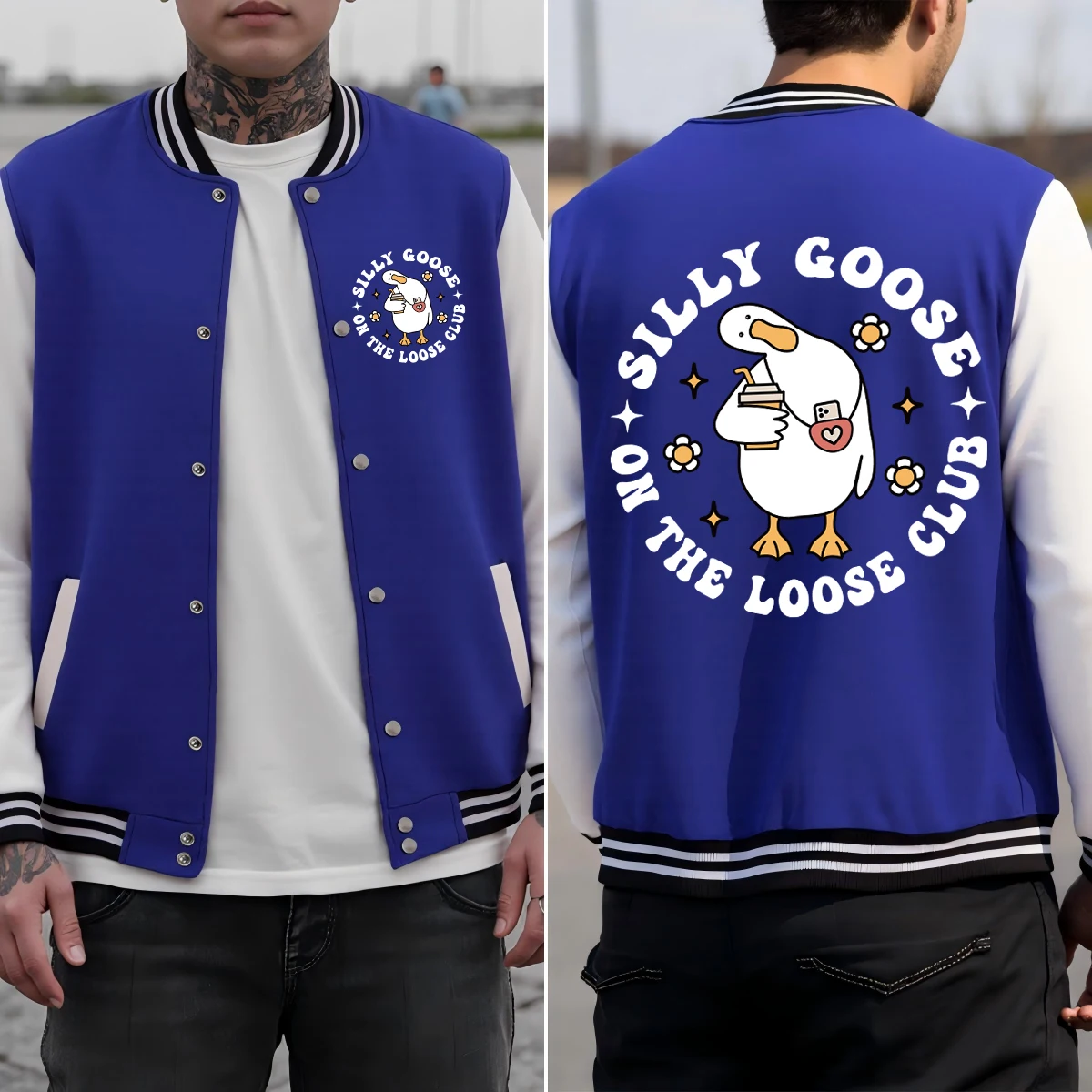 

On The Loose Club Silly Goose Print Men Jackets Cotton Casual Baseball Uniform Hip Hop Colorful Clothes Autumn Sportswear