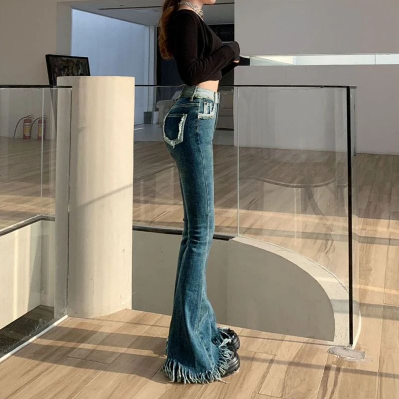 2026 New Women's Horseshoe Jeans Micro Flare Denim Pants Vintage Tassel Y2K Streetwear Slim Fit Floor Length Trouser