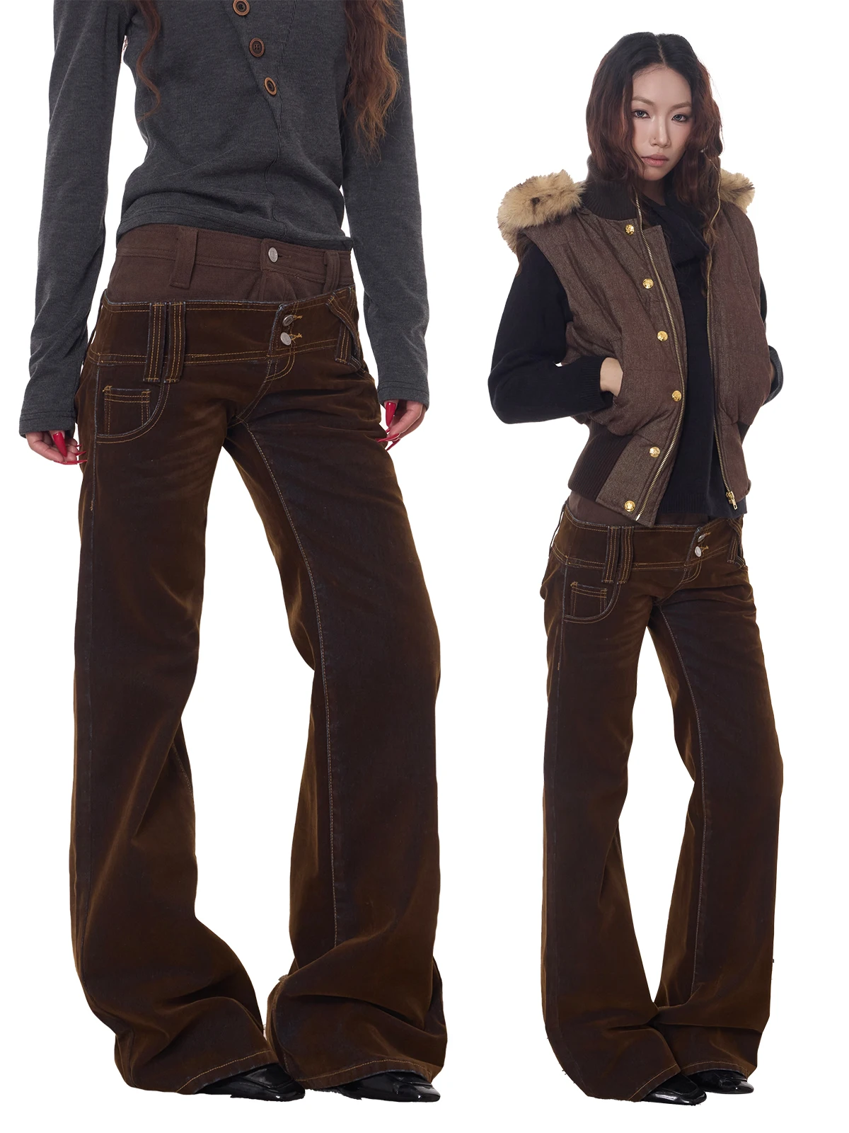 Antsstna American Retro Double Waist Head Patchwork Design Sense Faux Leather Washed Casual Denim Jeans Women Straight Leg Fit