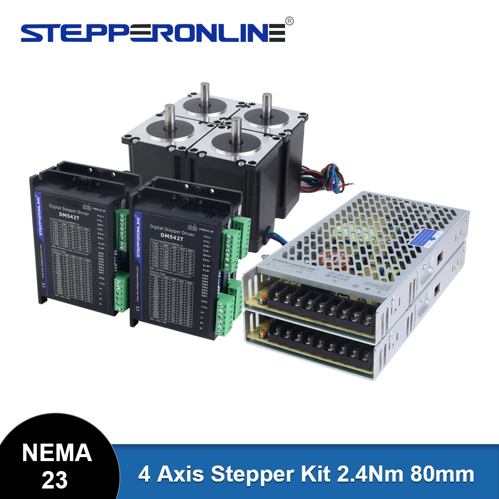 STEPPERONLINE Nema 23 Stepper Motor 2.4Nm and Driver DM542T with 2PCS 250W 36V Power Supply 4 Axis CNC Kit for CNC Router