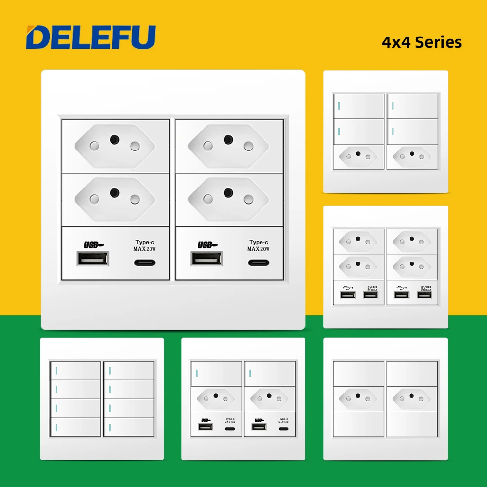 Delefu 4X4 Brandwerende Pc Paneel Brazilië Standaard Stopcontact Dubbele Usb Type C Stopcontact Stopcontact Lichtschakelaar Kantoor Wit 10a 20a