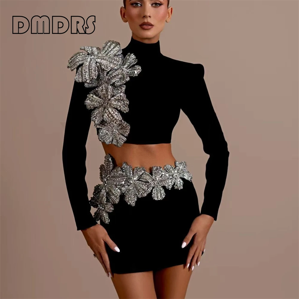 Two Piece Beaded Dress Set for Women, High Neck Full Sleeves Black Formal Dresses , Mini Short Skirt with Flowers Real Images