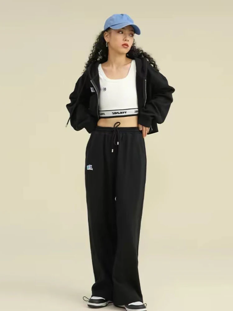 ชุดเสื้อสเวตเชิ้ตแขนยาวมีซิปสำหรับผู้หญิง ฤดูใบไม้ผลิและฤดูใบไม้ร่วง รุ่นใหม่ ทรงสลิม สไตล์เกาหลี หลวม ใส่ได้หลากหลาย ชุดสองชิ้น