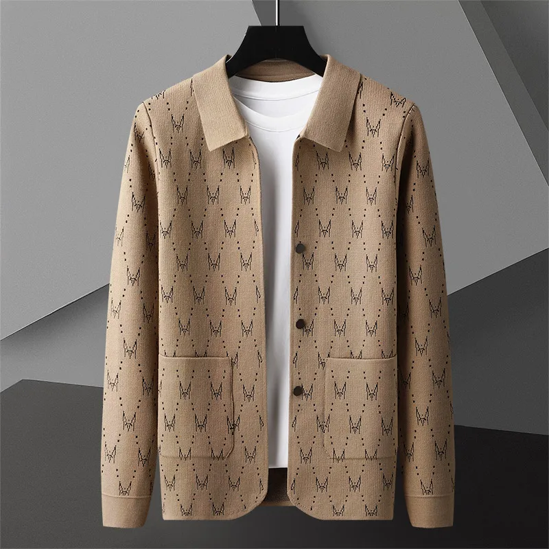 European American high-end brand knitted jacket men's autumn new trend letter jacquard loose casual lapel sweater cardigan coat