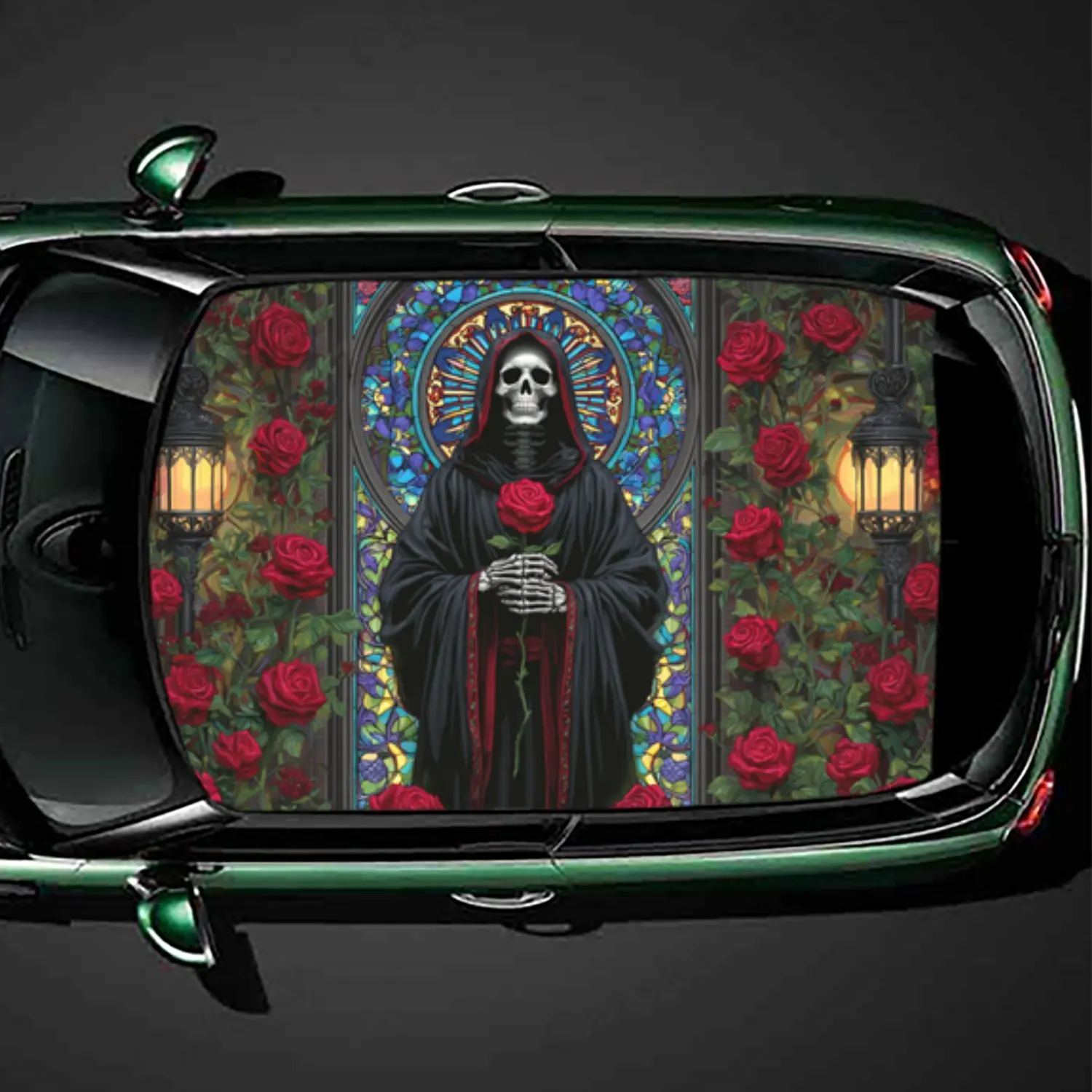 

Grim Reaper Accompanied by Roses Car Roof Sticker, PVC Self-Adhesive Waterproof Car vinyl Decal, Car Decoration Protection Stick