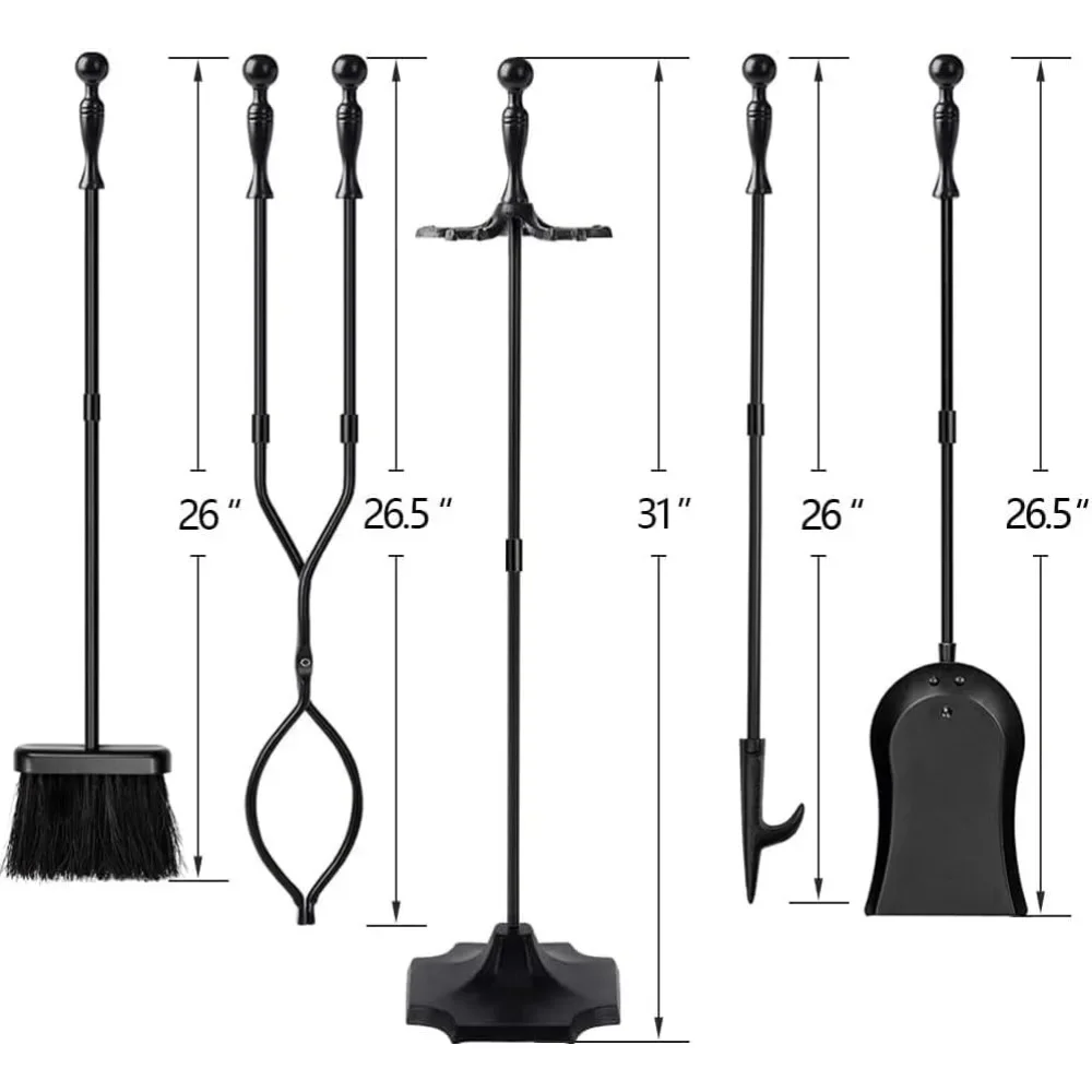 GARDEN & HOME 5 Pcs Fireplace Tools Sets Black Handle Wrought Iron Large Fire Tool Set and Holder Outdoor Fireset Stand Rustic