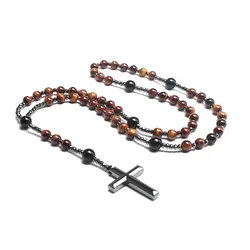 Natural Stone Black Round Beads Long Y Necklace with Hematite Cross Pendant Jewelry for Men and Women