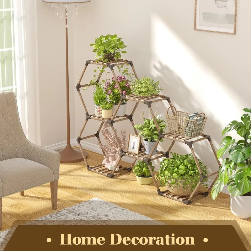 Plant Stand Indoor Outdoor Hexagonal Plant Stand for Multiple Plants Indoor Large Wooden Plant Shelf 7 Tiered Creative