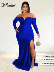 Wmstar Plus Size Party Dresses for Women Off Shoulder V Neck Slip Hem Elegant Full Length Maxi Dress Wholesale Dropshipping 2022