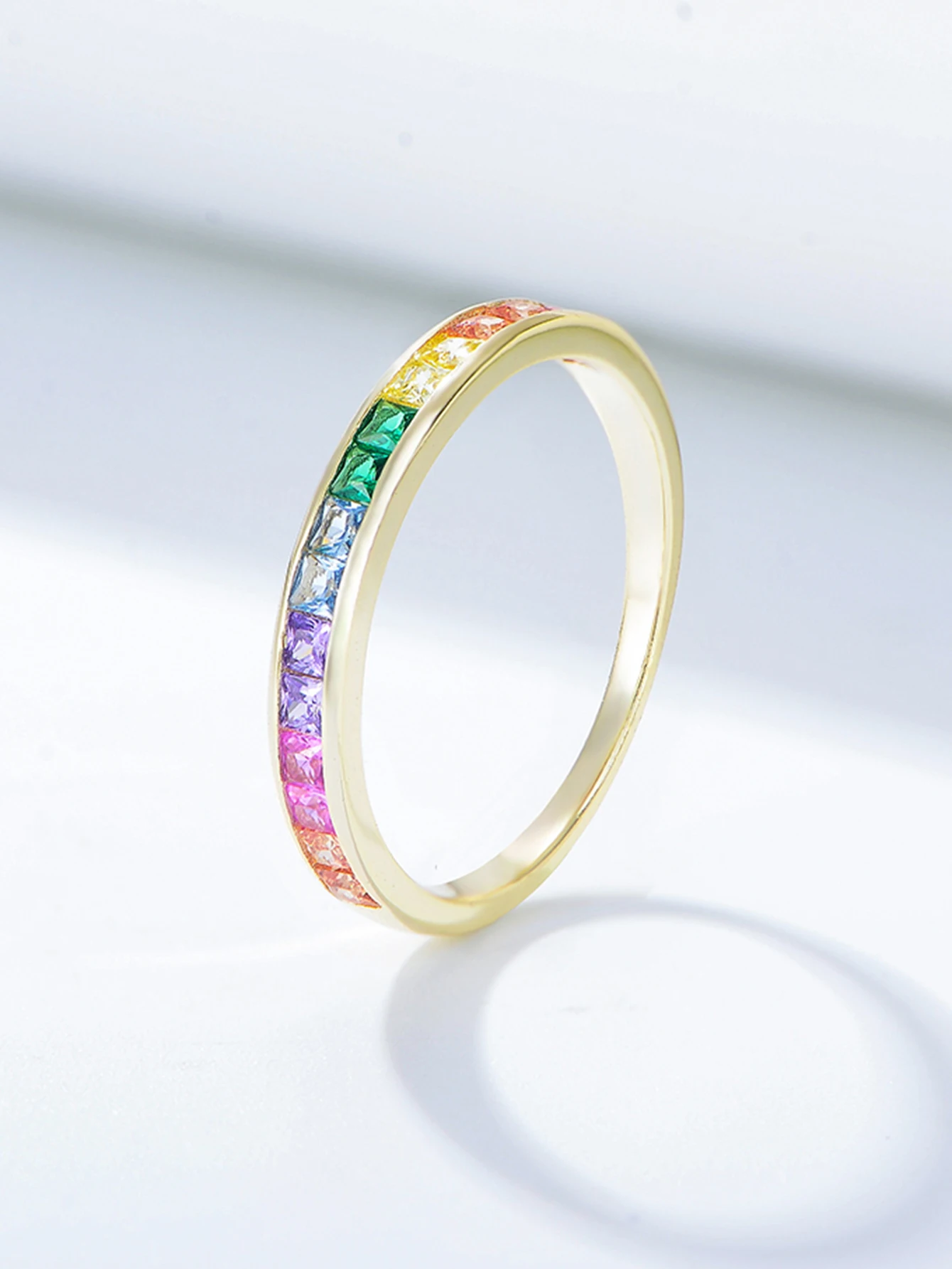 مجوهرات الذكرى السنوية خاتم الخلود الفرقة الدائري قوس قزح الذهب 925 الفضة الاسترليني مكعب زركونيا العصرية 14 كيلو مطلية بالذهب