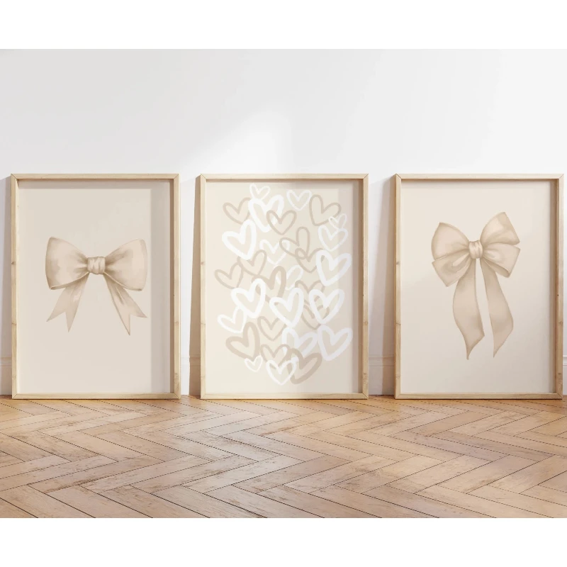 3pcs Modern Beige Girly Bow Canvas Heart-Shaped School-Themed Wall Decor Frameless Poster Home Dorm Room Decor