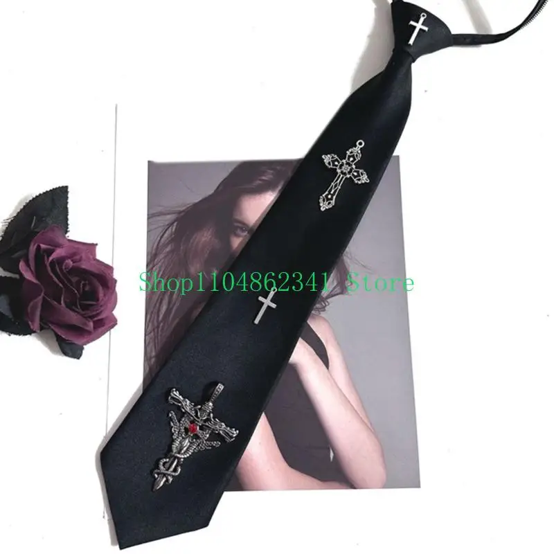 652F Uniform Black Ties for Senior High School Uniform Pre-tied Carved Metal Crosses