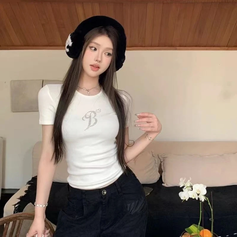 Ietter Hot Drilling Round Neck Short Sleeve T-shirt Women Summer Korean Style Leisure Tops Lady Simple Versatile Thin T-shirt