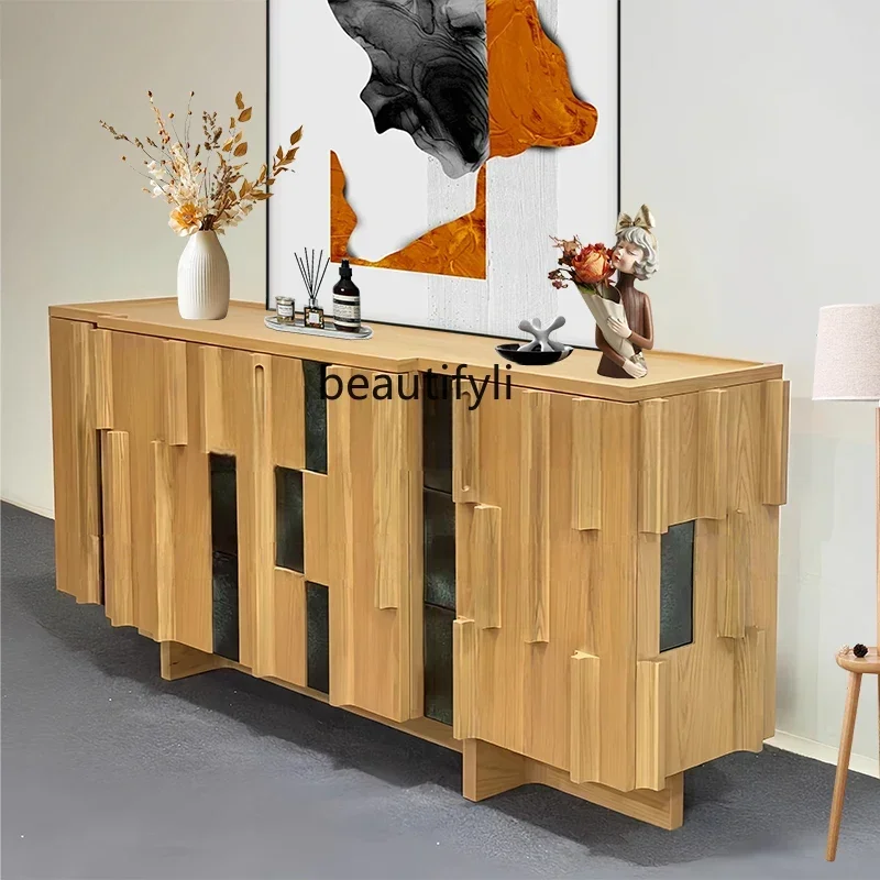 E153 Vintage Style Solid Wood Sideboard Cabinet for Living Room Home Storage Color Block Organizer Designer Entryway Cabinet