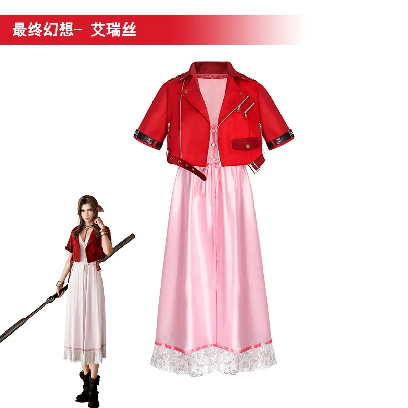 

Fantasy VII Cosplay Game FF7 Aerith Gainsborough Cosplay Costume Aerith Coat and Dress Full Set Halloween Party Outfits