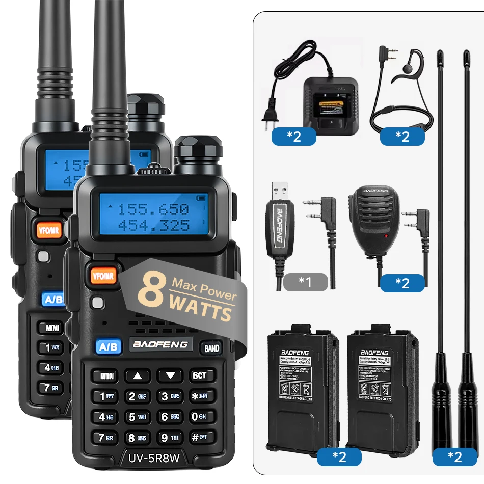 1/2 Stuks Baofeng UV-5R 8W Tri-Power Walkie Talkie High Power Dual Band Lange Afstand 128 Ch Draagbare Uv 5r Ham Tweeweg Radio