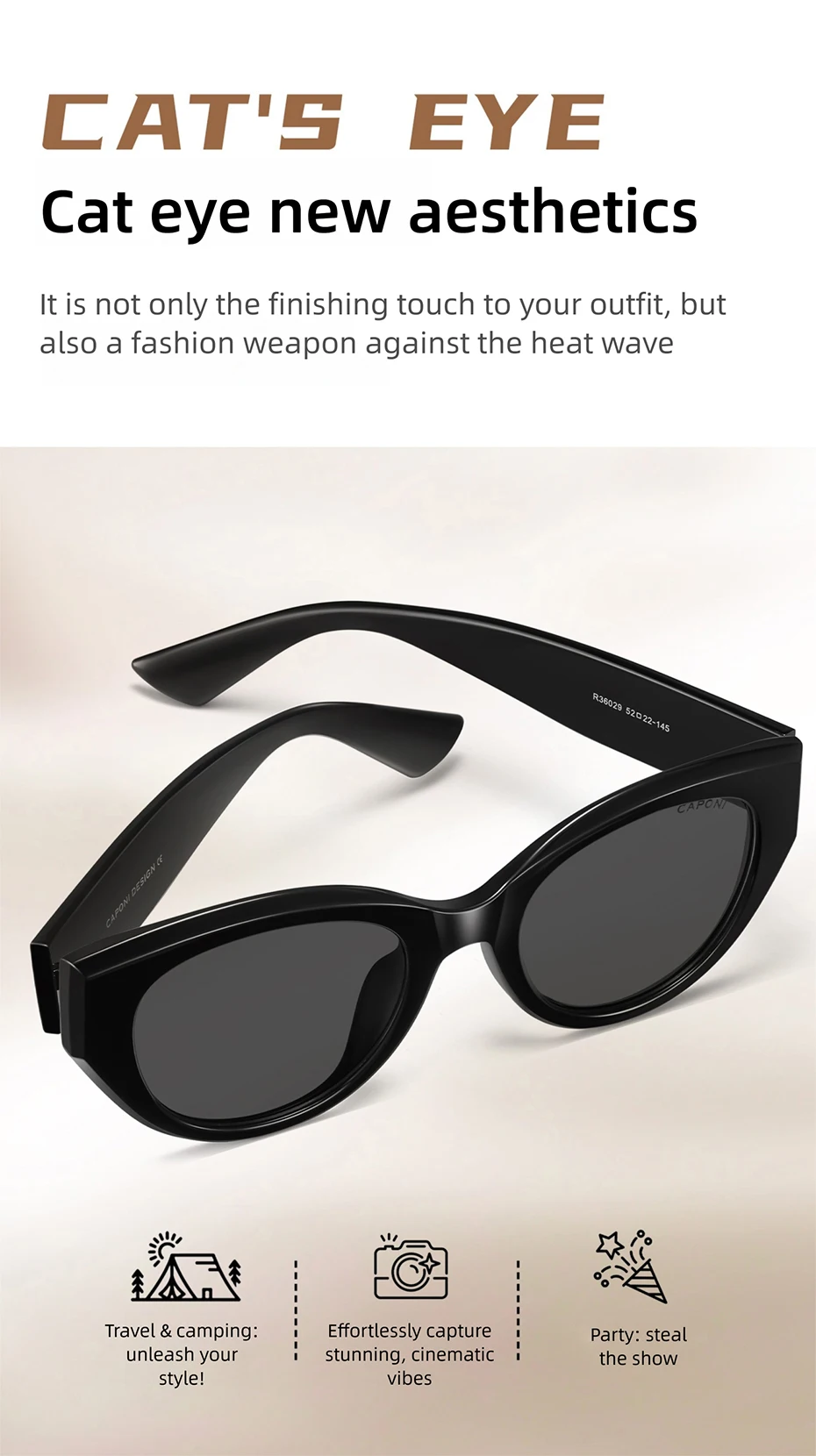 CAPONI Polarisierte Damen-Sonnenbrille mit Katzenaugen-Design, EMS-TR, Outdoor-Mode, Vintage-Design, Marken-Sonnenbrille, UV400, schwarzer Farbton, CP36029 – Detail 9