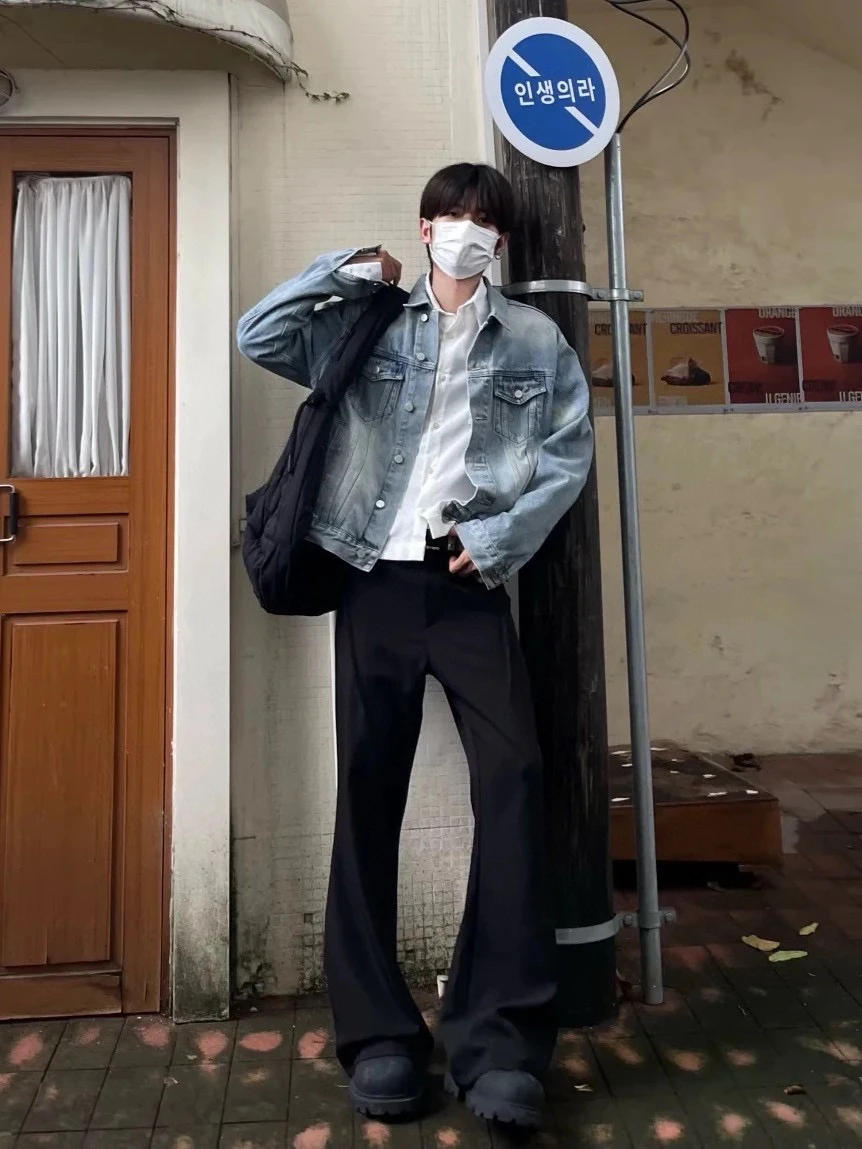 

Cleanfit Heavyweight Waed Distred ort Wide Slim Fit Denim Jaet Youth Trendy Long Sve Outerwear Single Button Closure