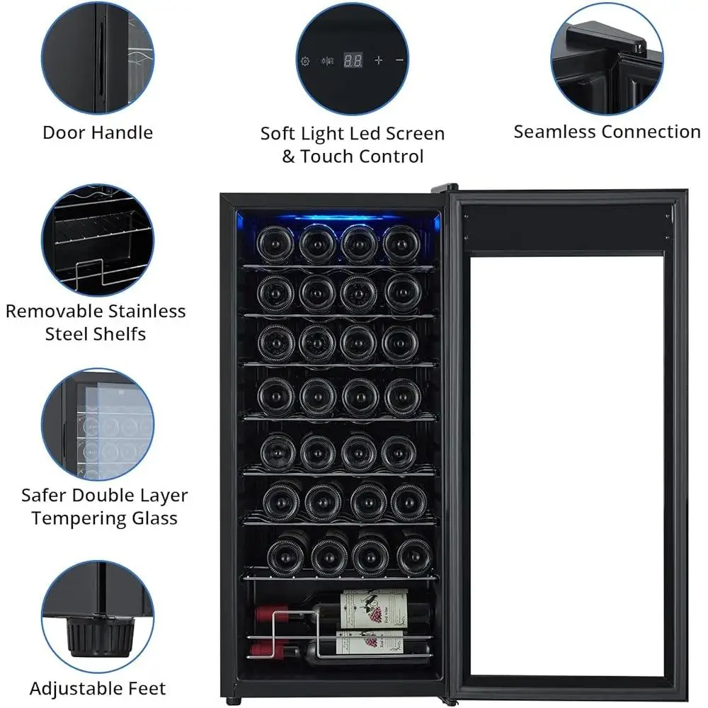 Weinkühler, Kühlschrank, 32 Flaschen, digitale Temperaturregelung, Touchscreen, doppelschichtiges Glas, freistehend, kompaktes Design