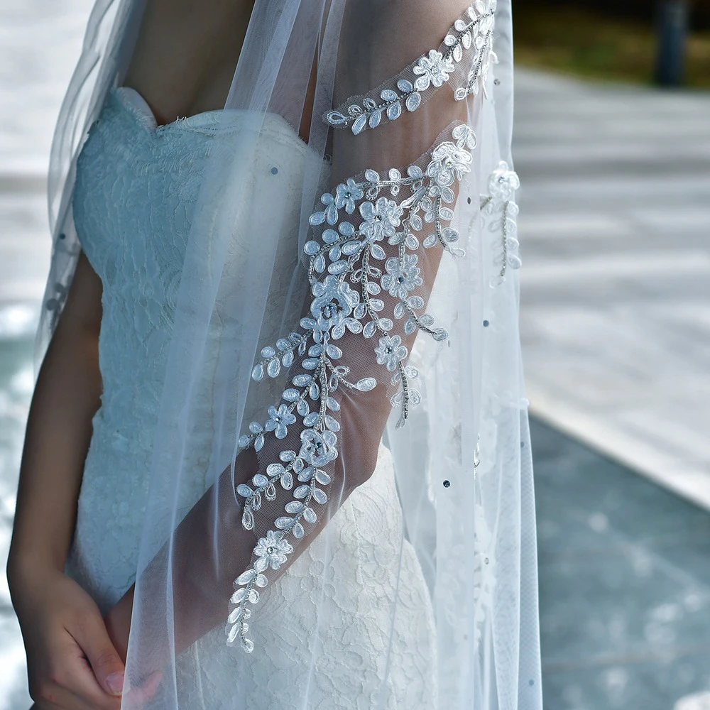 Velo de novia con incrustaciones de flores y diamantes, tocado de boda, BL4046