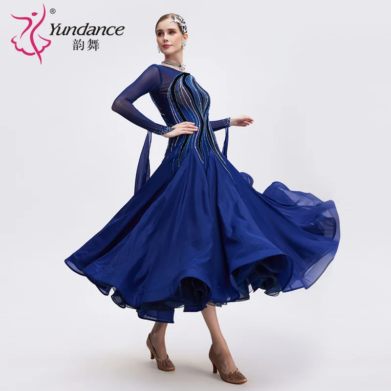 B-24143-2 Nieuwe kleur Hot Sale Internationale standaard ballroomdansjurk Hoge kwaliteit marineblauwe chiffon lange stijldansjurk