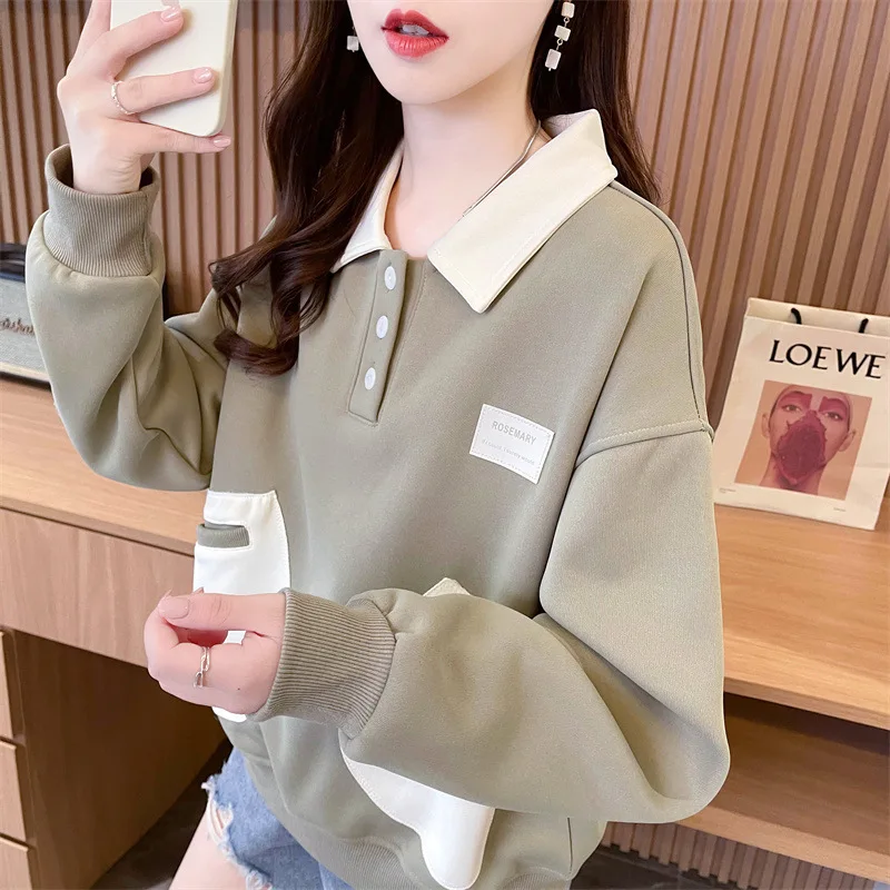 

Polo neck sweater women 2024 autumn and winter contrast large size loose thin pocket design sense coat top hoodless sweater