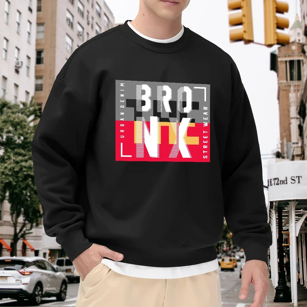 

Men's Black Crew Neck Loose Sweatshirt with Letter Print and Color-Blocking Design, Street Fashion Style, Everyday Casual Versatile Top, Comfortable and Breathable Polyester Fabric