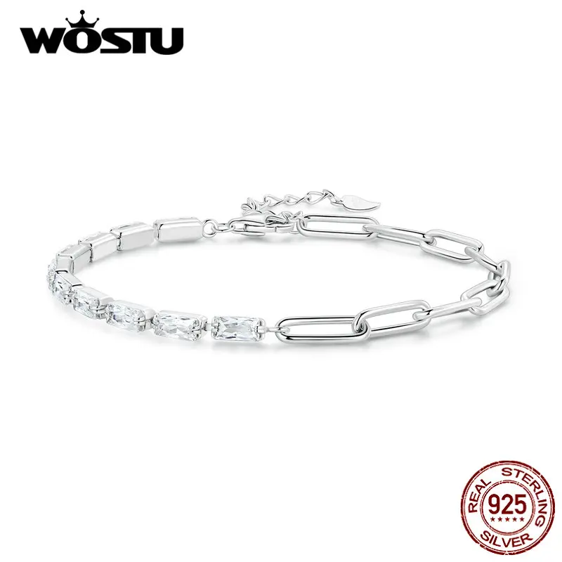 WOSTU 925 Sterling Silver Square Shiny Cubic Zirconia Tennis Bracelets For Women Euro Simple Splice Bangle Wrist Jewelry Gift