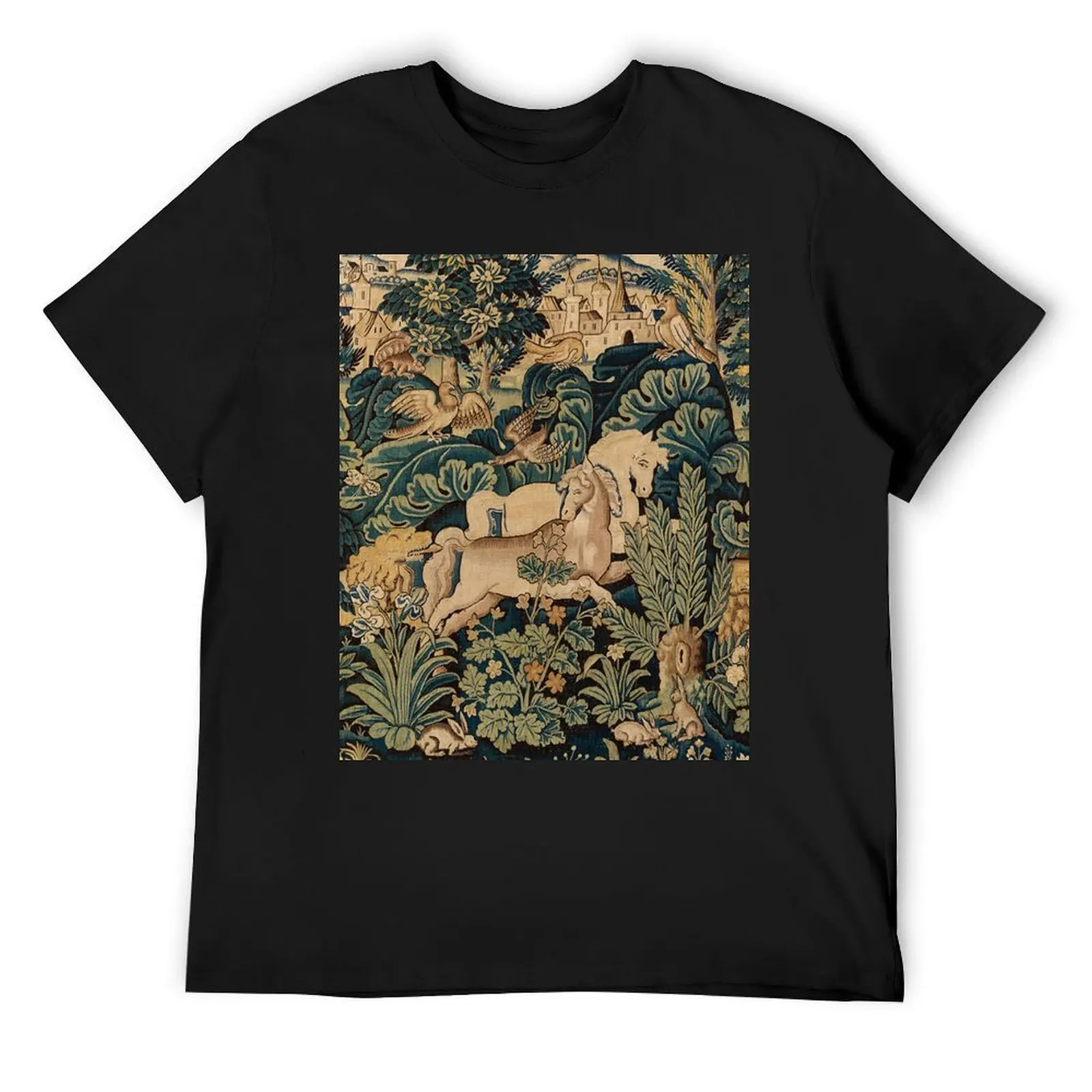 FANTASTIC ANIMALS AND HORSES IN WOODLAND Blue Green Ivory Antique French Tapestry T-Shirt cute clothes T-shirts for men cotton