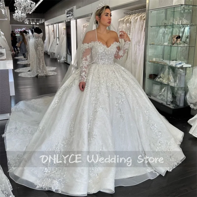 

Luxury Wedding Dress Ball Gown Glitter Crystals Beading Sequins Bridal Dress Robe De Mariee Off Shoulder Arab Dubai فستان Mariée