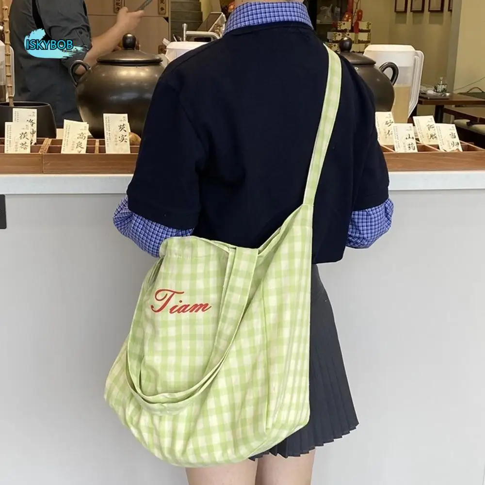 

Fashion Letter Plaid Shoulder Bag Candy Color Korean Style Canvas Tote Bag Purse Light Weight Large Capacity Crossbody Bag Daily